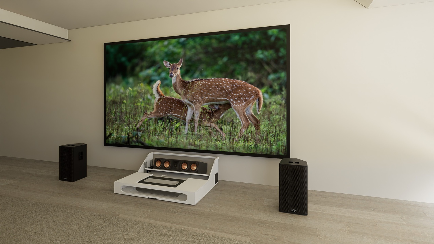 Ultra Low Profile Core White Cabinet designed for integrating Ultra Short Throw Projector,Center Channel and Fixed screen with elegant doors.