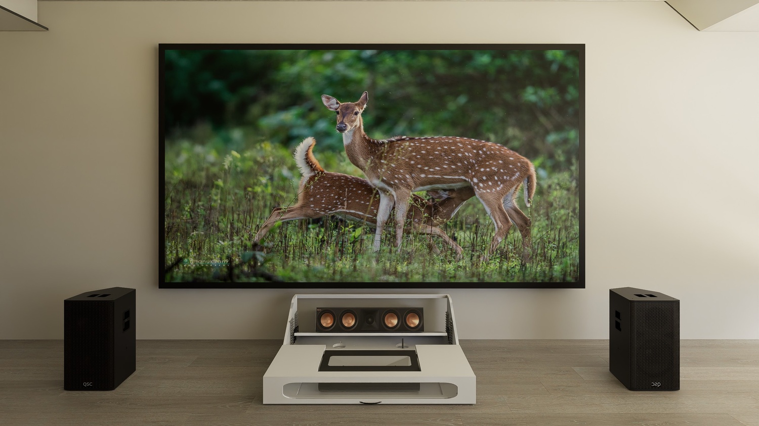 Ultra Low Profile Core White Cabinet designed for integrating Ultra Short Throw Projector,Center Channel and Fixed screen with elegant doors.