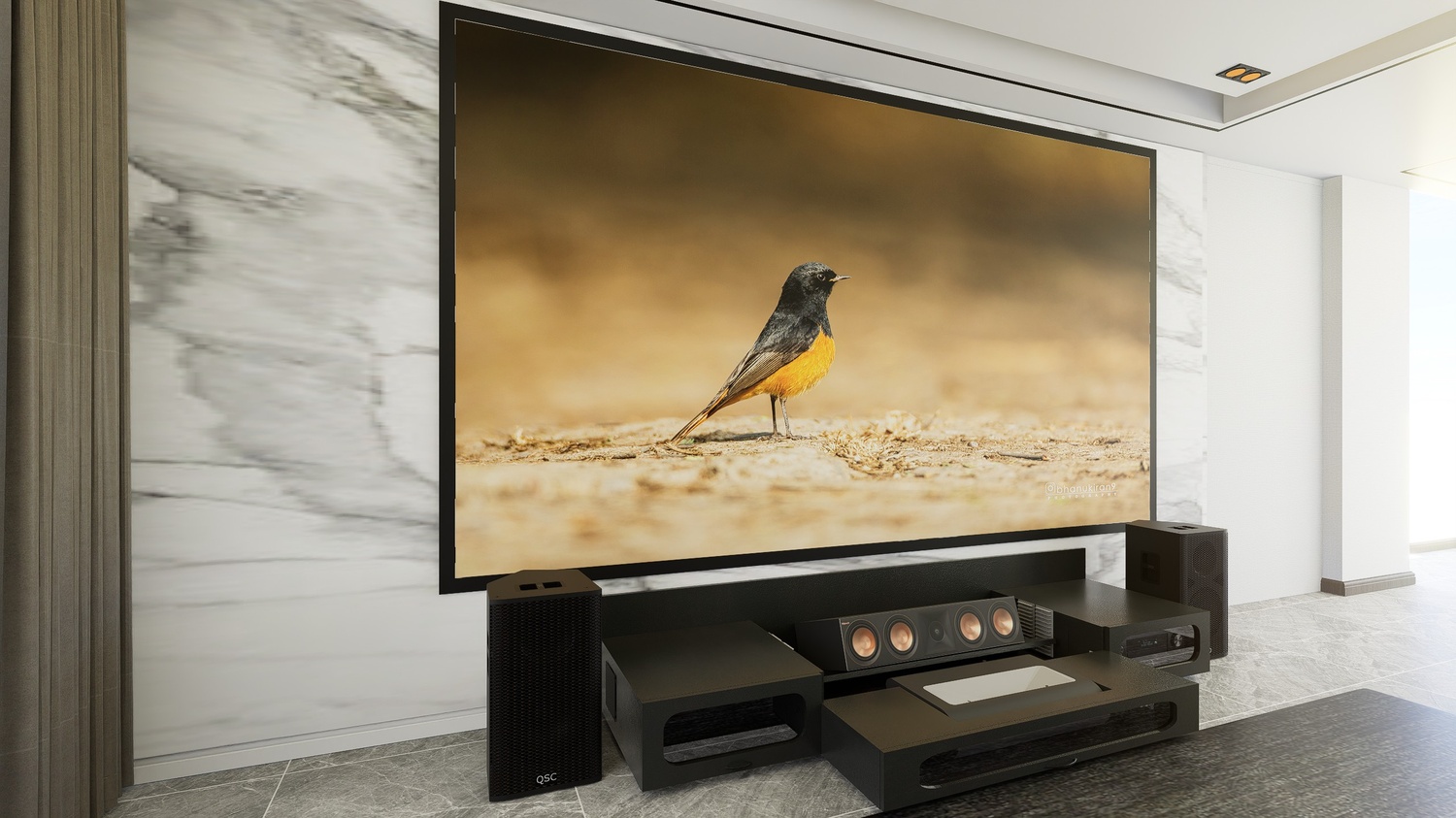 Ultra Low Profile Black Cabinet designed for integrating Ultra Short Throw Projector,Center Channel and Fixed screen with elegant doors.