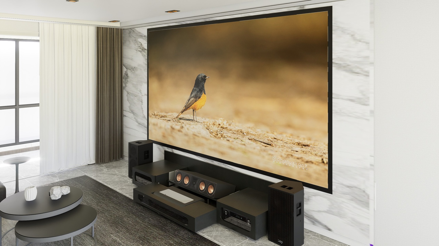 Ultra Low Profile Black Cabinet designed for integrating Ultra Short Throw Projector,Center Channel and Fixed screen with elegant doors.