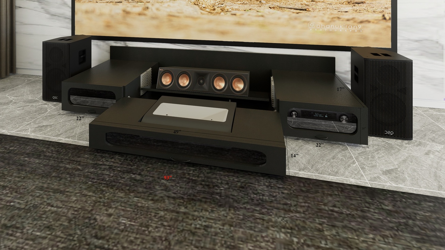 Ultra Low Profile Black Cabinet designed for integrating Ultra Short Throw Projector,Center Channel and Fixed screen with elegant doors.