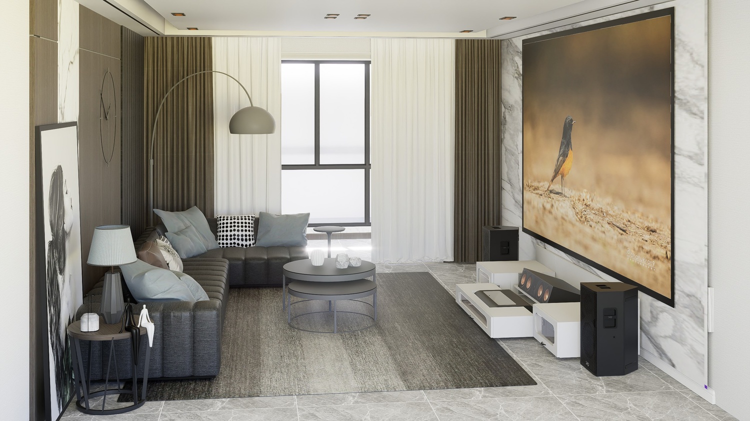 Ultra Low Profile White Cabinet designed for integrating Ultra Short Throw Projector,Center Channel and Fixed screen with elegant doors.