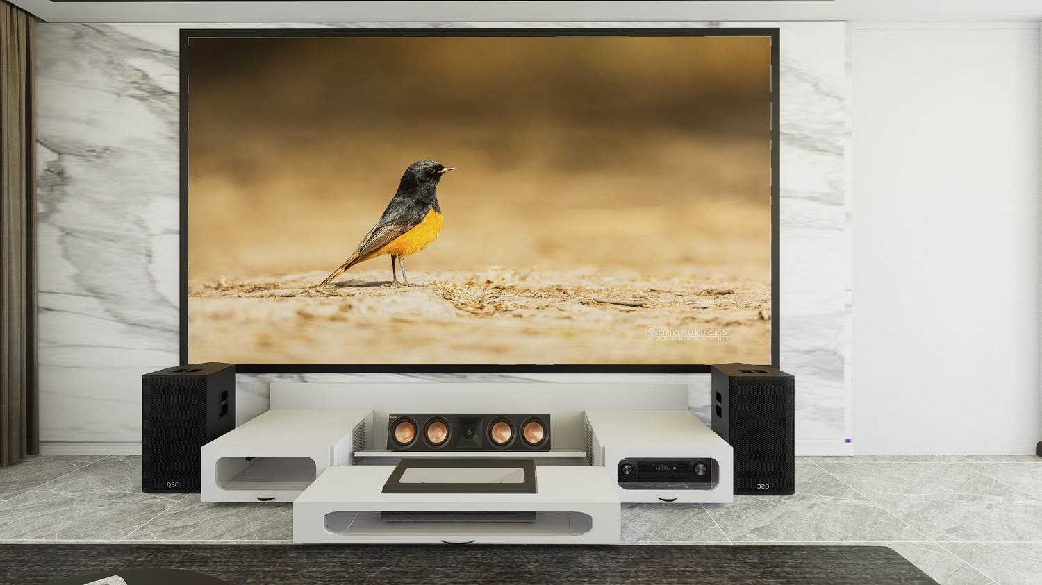 Ultra Low Profile White Cabinet designed for integrating Ultra Short Throw Projector,Center Channel and Fixed screen with elegant doors.