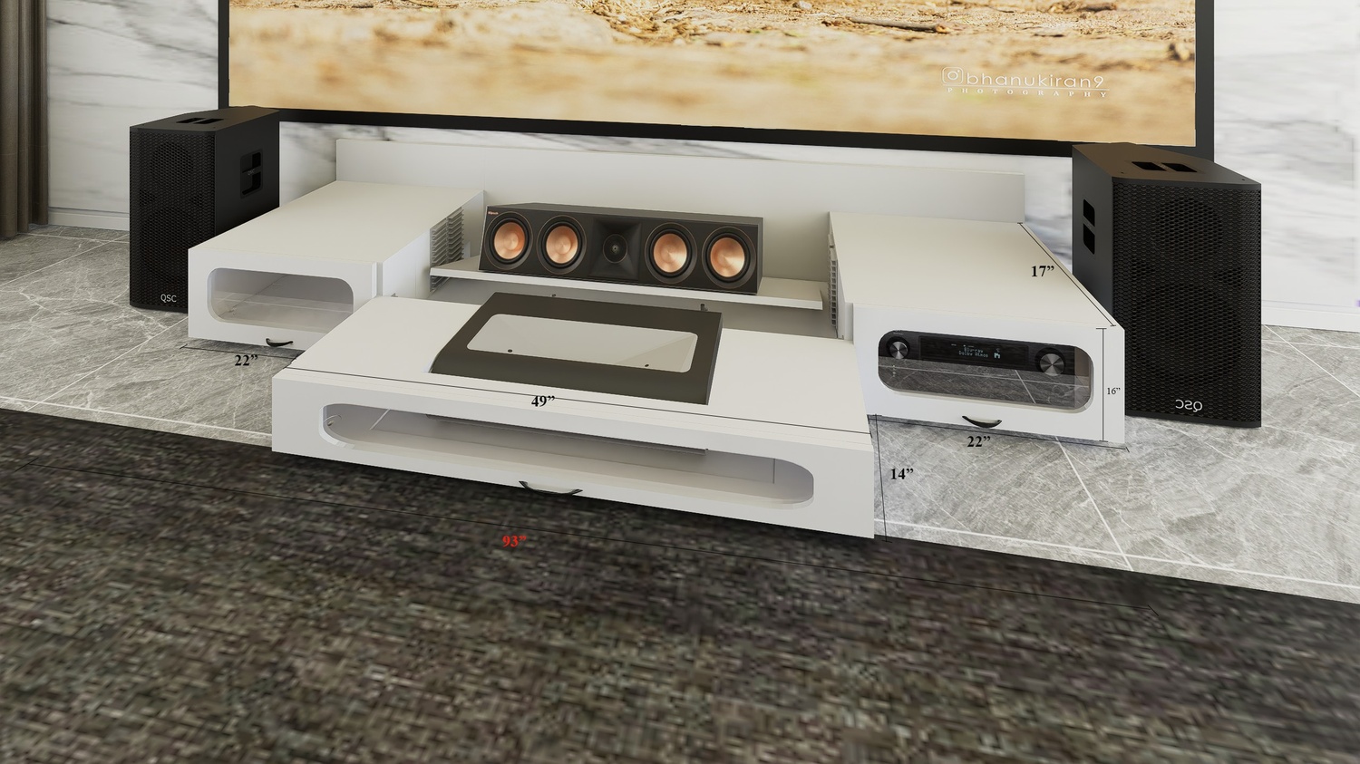 Ultra Low Profile White Cabinet designed for integrating Ultra Short Throw Projector,Center Channel and Fixed screen with elegant doors.