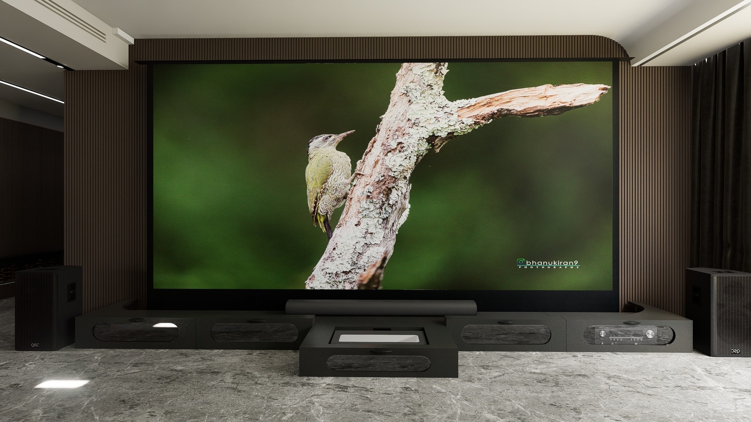 Ultra Low Profile Black Cabinet designed for integrating Ultra Short Throw Projector,Center Channel and 150" Floor raising screen with elegant doors.