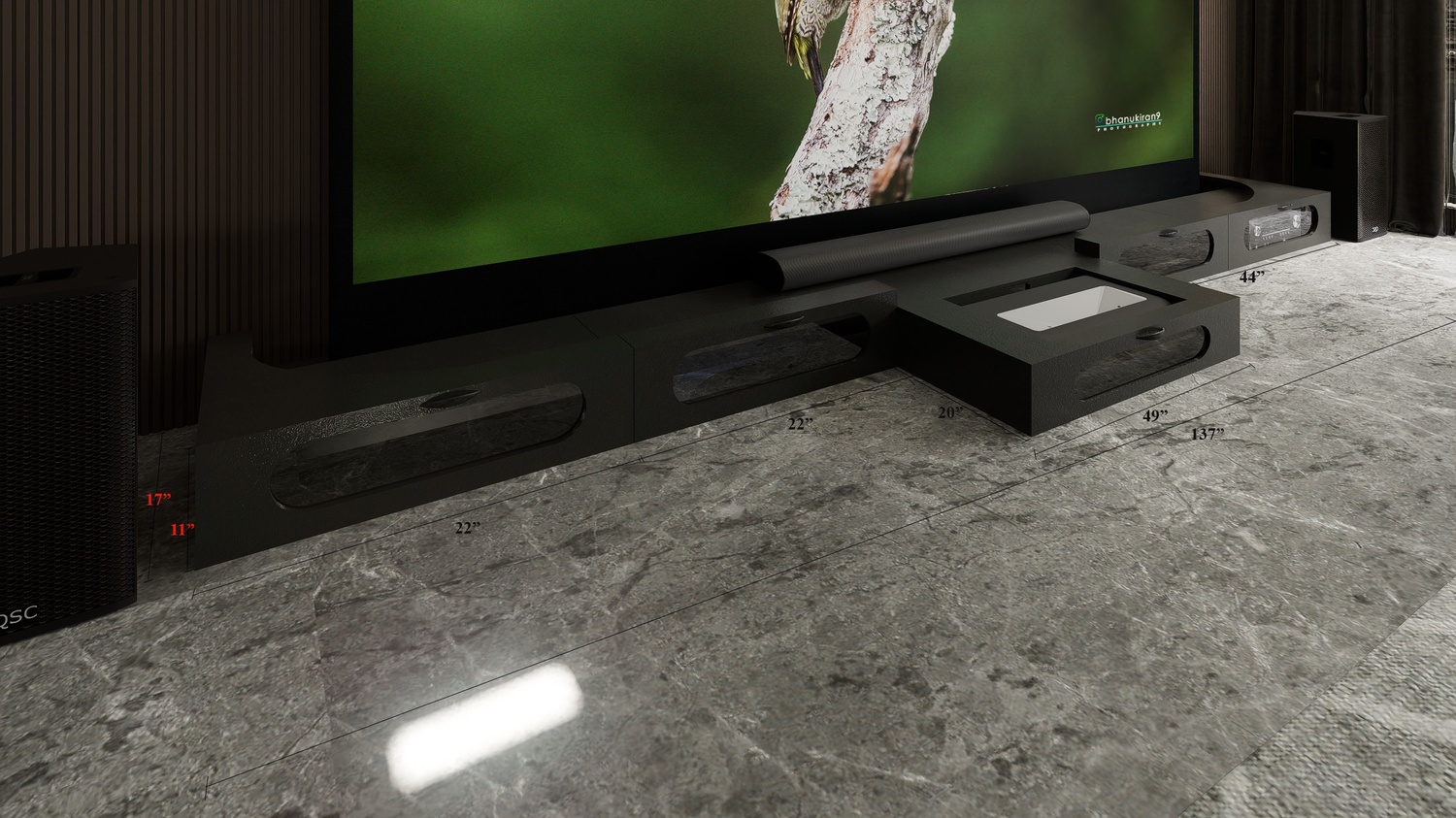 Ultra Low Profile Black Cabinet designed for integrating Ultra Short Throw Projector,Center Channel and 150" Floor raising screen with elegant doors.