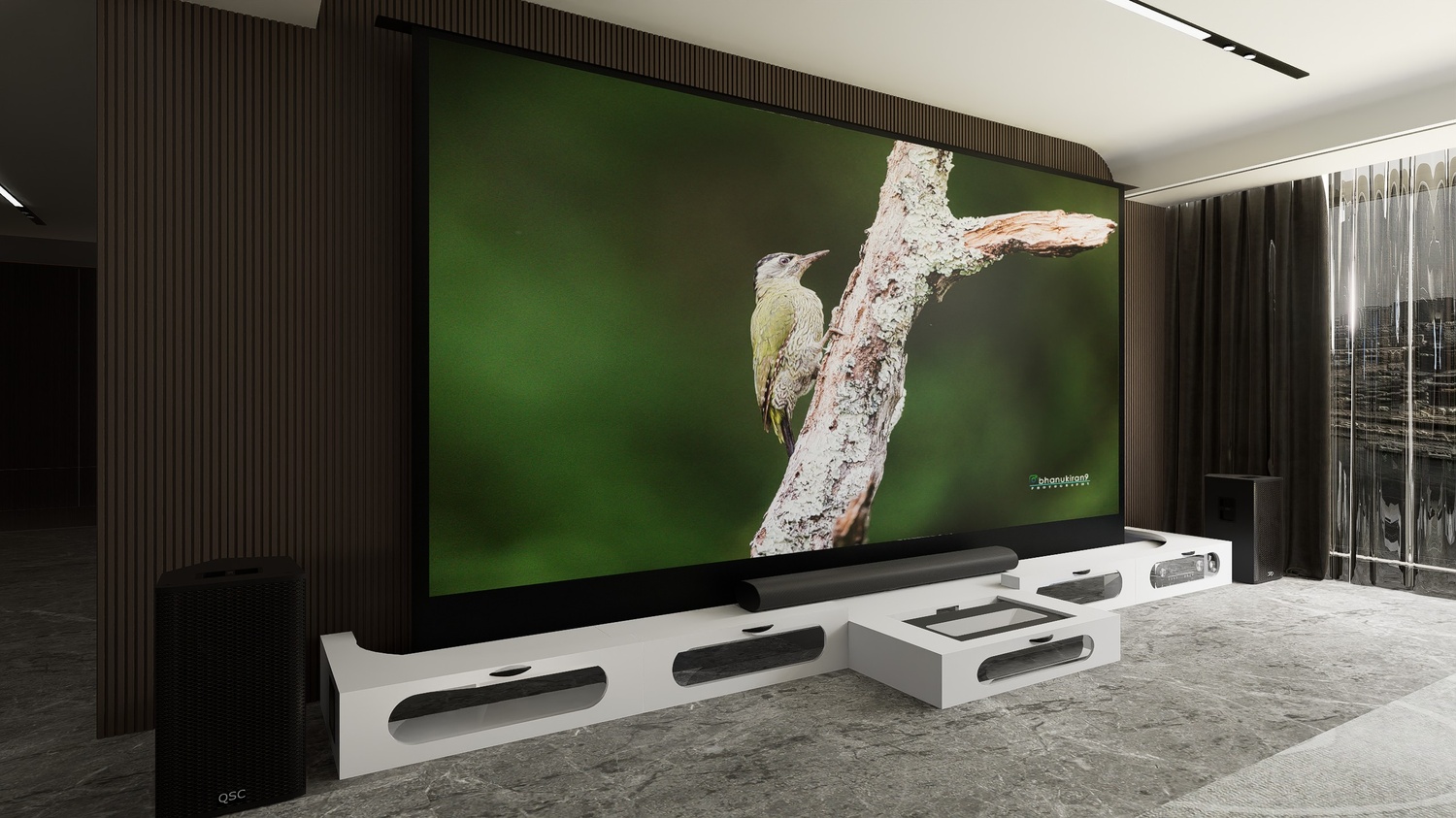 Ultra Low Profile White Cabinet designed for integrating Ultra Short Throw Projector,Center Channel and 150" Floor raising screen with elegant doors.
