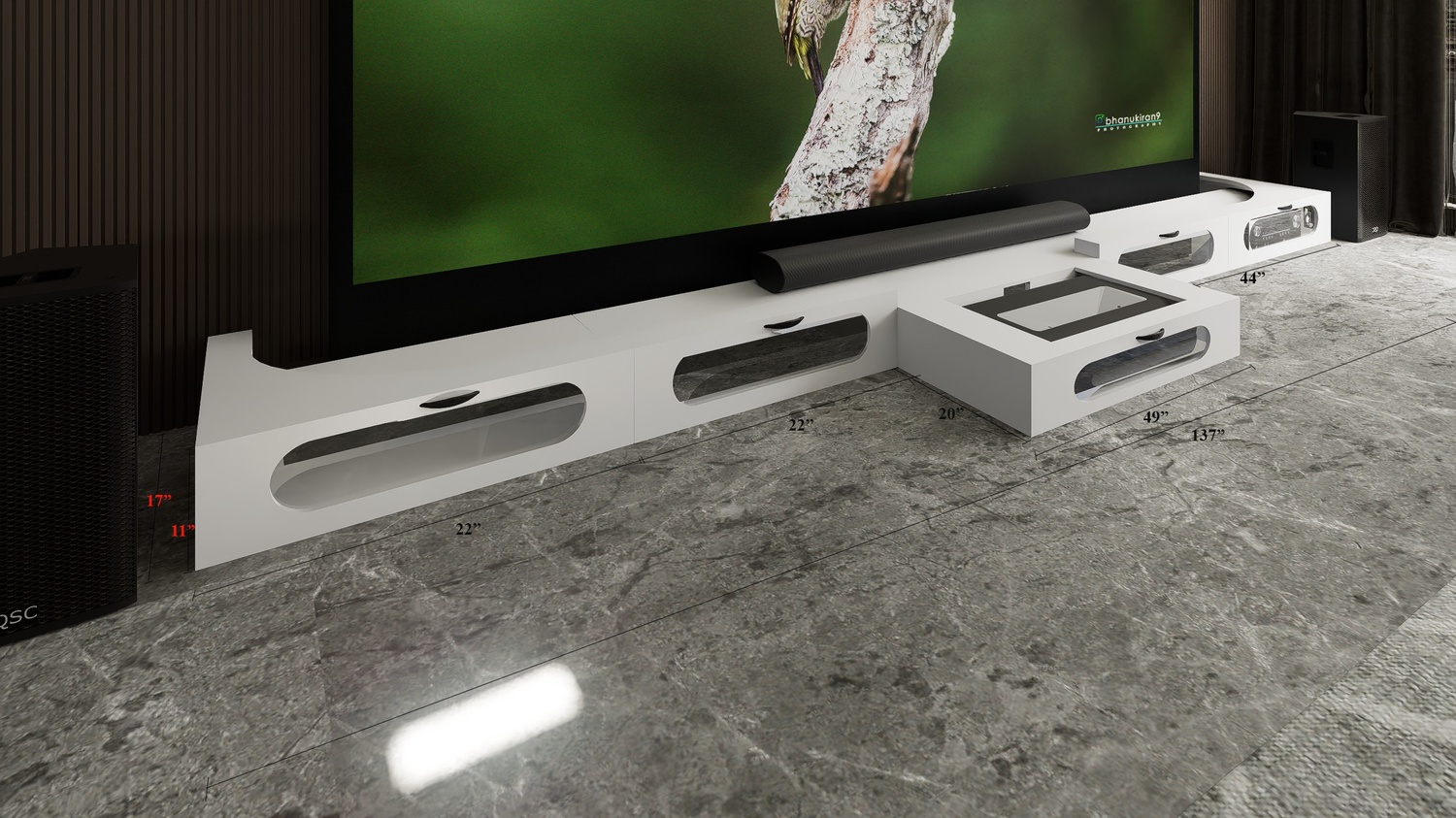 Ultra Low Profile White Cabinet designed for integrating Ultra Short Throw Projector,Center Channel and 150" Floor raising screen with elegant doors.