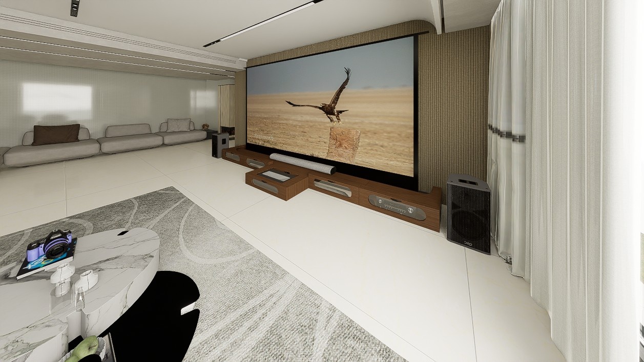 Ultra Low Profile Sierra walnut Cabinet designed for integrating Ultra Short Throw Projector,Center Channel and 150" Floor raising screen with elegant doors.