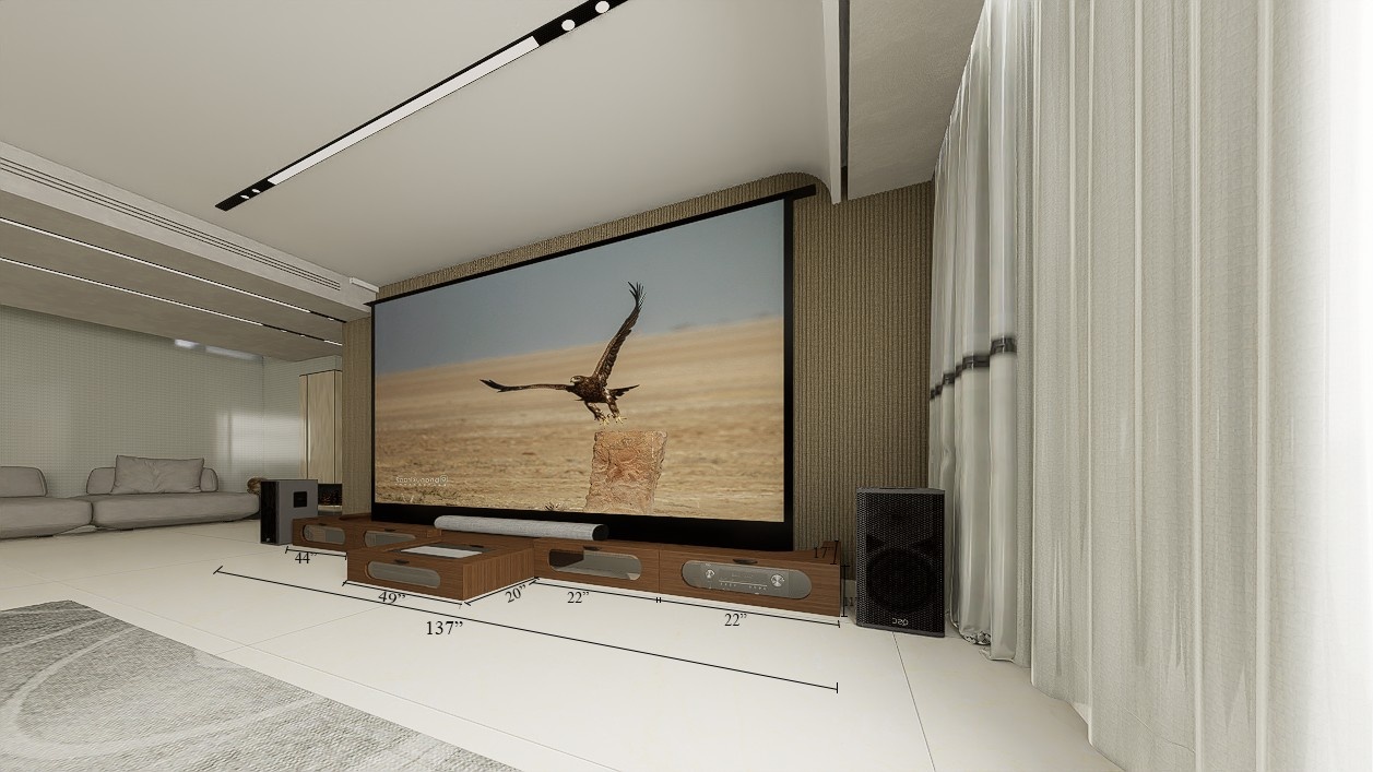 Ultra Low Profile Sierra walnut Cabinet designed for integrating Ultra Short Throw Projector,Center Channel and 150" Floor raising screen with elegant doors.
