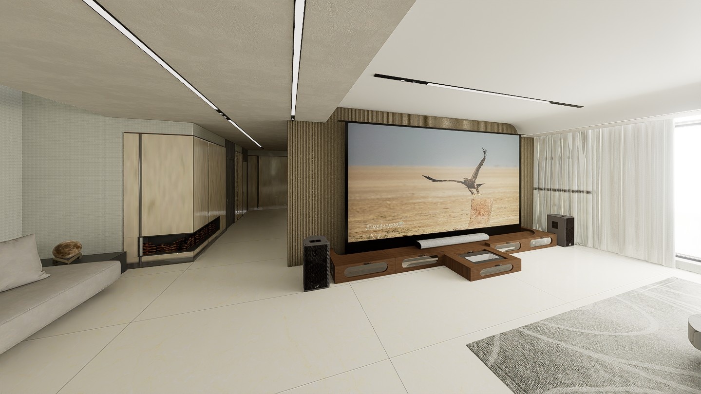 Ultra Low Profile Sierra walnut Cabinet designed for integrating Ultra Short Throw Projector,Center Channel and 150" Floor raising screen with elegant doors.
