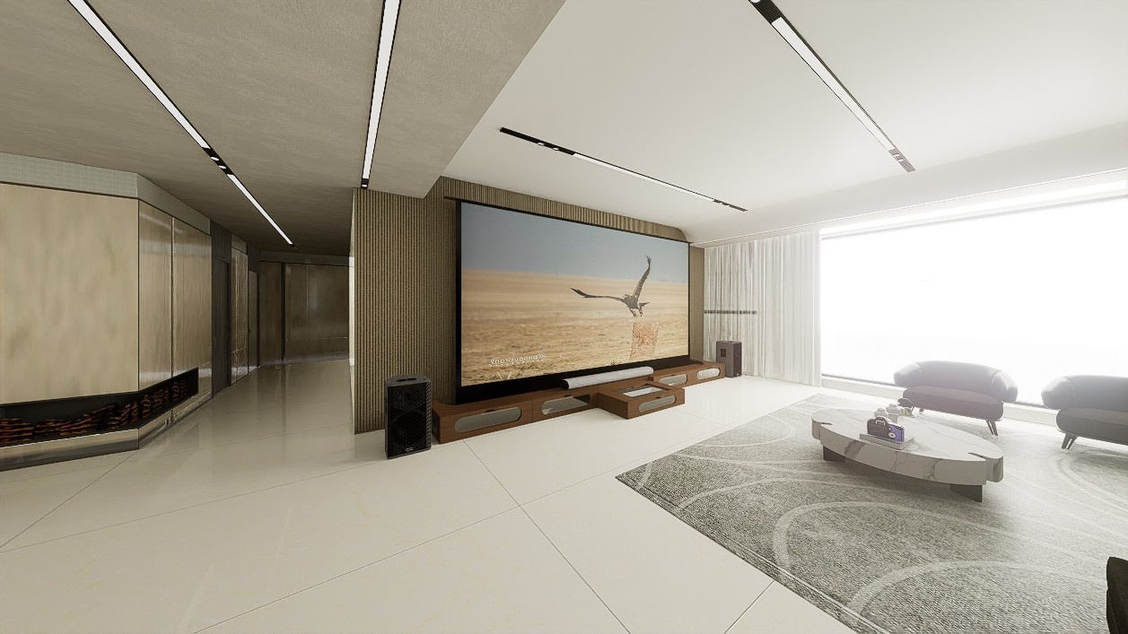 Ultra Low Profile Sierra walnut Cabinet designed for integrating Ultra Short Throw Projector,Center Channel and 150" Floor raising screen with elegant doors.